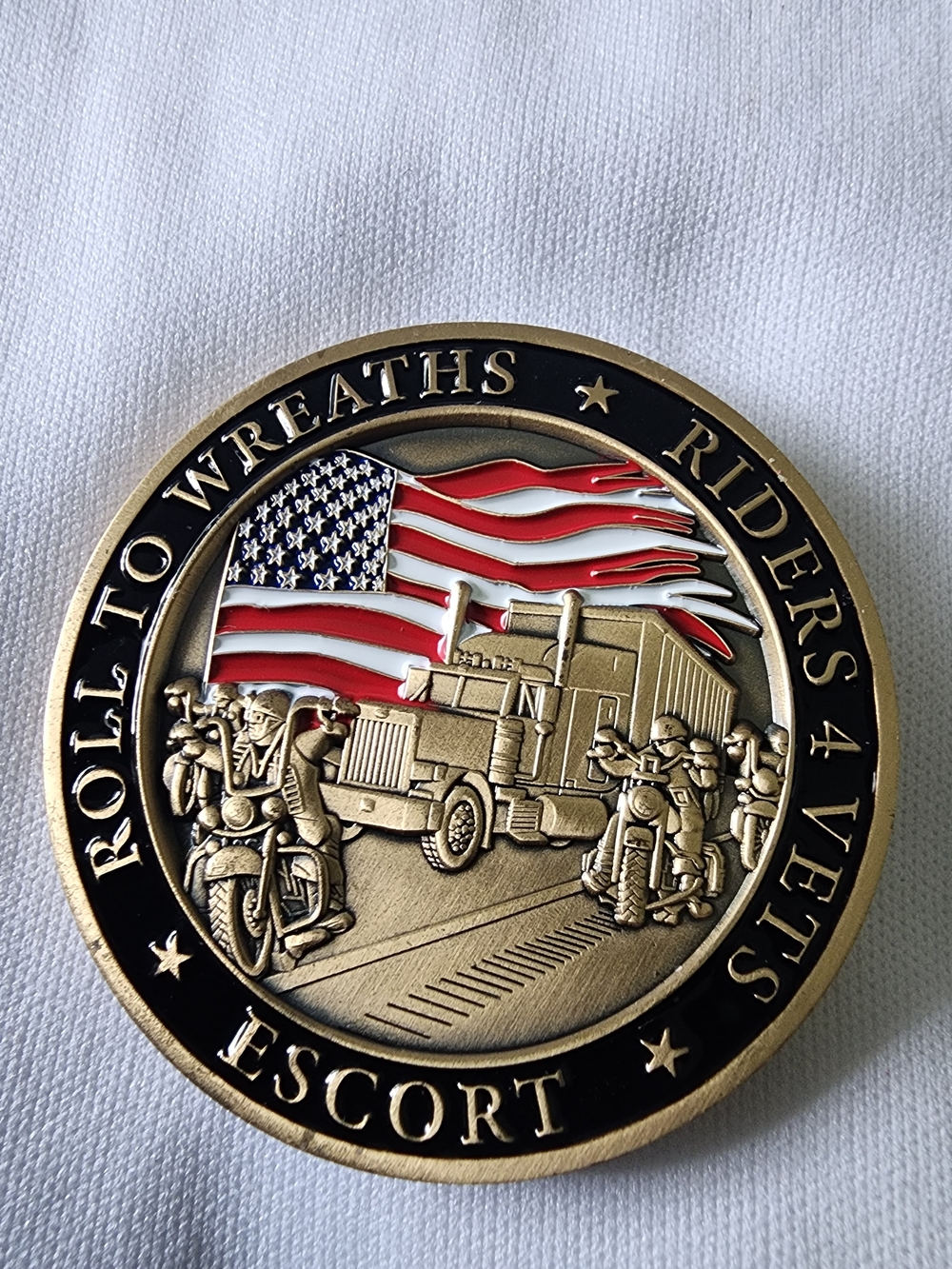 Gold Tone "Roll to Wreaths" Escort Challenge Coin with Red & Blue Enamel